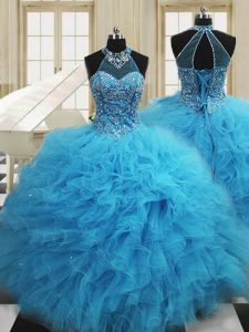 Scoop Baby Blue Lace Up Quinceanera Dress Beading and Ruffles Sleeveless Floor Length