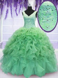Amazing V-neck Sleeveless Organza Quince Ball Gowns Beading and Ruffles Lace Up