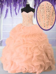 Dramatic Pink Organza Lace Up Sweet 16 Dress Sleeveless Floor Length Beading and Ruffles