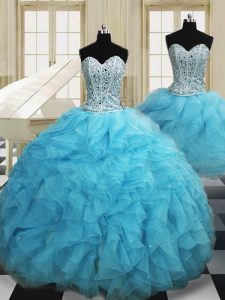 Trendy Three Piece Ball Gowns Quinceanera Dress Baby Blue Sweetheart Organza Sleeveless Floor Length Lace Up