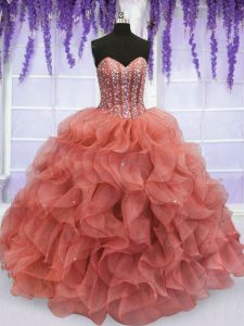 Latest Floor Length Watermelon Red Quince Ball Gowns Sweetheart Sleeveless Lace Up