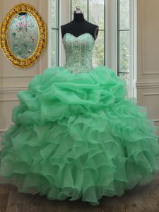 Unique Sleeveless Beading and Ruffles and Pick Ups Lace Up Quinceanera Gown