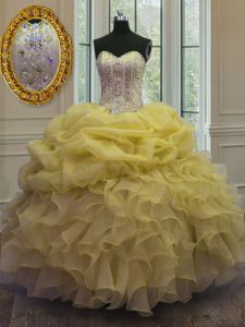 Gold Ball Gowns Organza Sweetheart Sleeveless Beading and Ruffles and Pick Ups Floor Length Lace Up Sweet 16 Dress