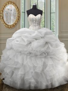 White Quinceanera Dresses Military Ball and Sweet 16 and Quinceanera and For with Beading and Ruffles and Pick Ups Sweetheart Sleeveless Lace Up