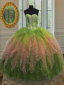 Glamorous Tulle Sweetheart Sleeveless Lace Up Beading and Ruffles and Sequins Vestidos de Quinceanera in Multi-color