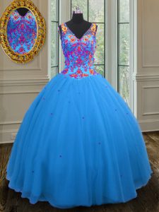 High Quality Straps Beading and Sequins Quince Ball Gowns Blue Zipper Sleeveless Floor Length