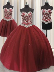 Excellent Three Piece Sleeveless Beading and Sequins Lace Up Quinceanera Dress