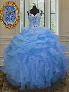 Gorgeous Straps Sleeveless Sweet 16 Dress Floor Length Beading and Ruffles Blue Organza