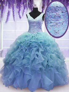 Gorgeous Floor Length Blue 15th Birthday Dress V-neck Sleeveless Lace Up