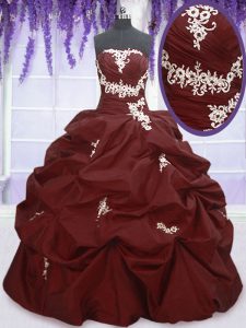 Custom Designed Pick Ups Ball Gowns Vestidos de Quinceanera Burgundy Strapless Taffeta Sleeveless Floor Length Lace Up
