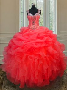 Straps Floor Length Zipper Quinceanera Gowns Coral Red for Military Ball and Sweet 16 and Quinceanera with Beading and Ruffles