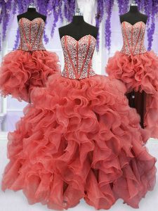 Simple Four Piece Coral Red Quinceanera Dresses Military Ball and Sweet 16 and Quinceanera and For with Beading and Ruffles Sweetheart Sleeveless Lace Up