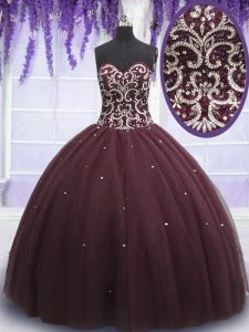 Eye-catching Dark Purple Tulle Lace Up Sweetheart Sleeveless Floor Length Quinceanera Gowns Beading and Appliques