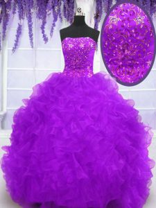 Deluxe Beading and Appliques and Ruffles Vestidos de Quinceanera Eggplant Purple Lace Up Sleeveless With Brush Train