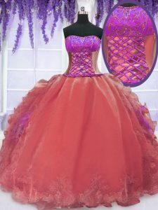 Pretty Sleeveless Organza Floor Length Lace Up Sweet 16 Dress in Watermelon Red with Embroidery and Ruffles