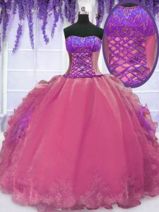 Enchanting Strapless Sleeveless Lace Up Quinceanera Gown Hot Pink Organza