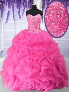 Hot Pink Lace Up 15 Quinceanera Dress Beading and Ruffles Sleeveless Floor Length
