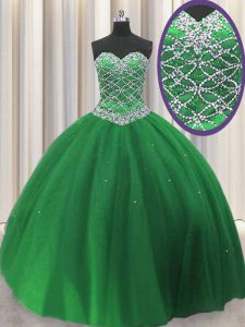 Green Tulle Lace Up Vestidos de Quinceanera Sleeveless Floor Length Beading