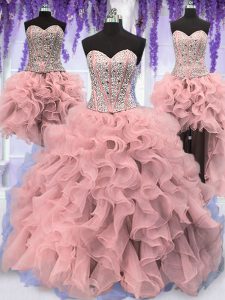 Fantastic Four Piece Sleeveless Lace Up Floor Length Ruffles and Sequins 15 Quinceanera Dress