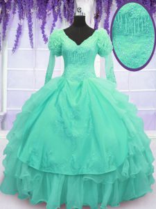 Turquoise Ball Gowns Organza V-neck Long Sleeves Beading and Embroidery and Hand Made Flower Floor Length Lace Up Quinceanera Dresses