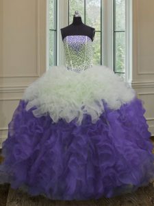 Sumptuous Organza Strapless Sleeveless Lace Up Beading and Ruffles Quince Ball Gowns in White And Purple