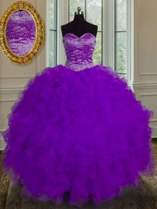 Hot Selling Floor Length Eggplant Purple Quince Ball Gowns Sweetheart Sleeveless Lace Up