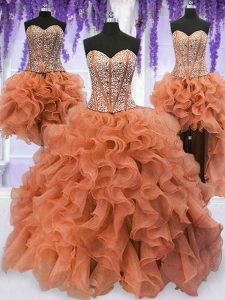 Charming Four Piece Orange Lace Up Quinceanera Dress Beading and Ruffles Sleeveless Floor Length