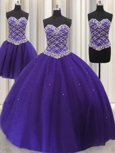 Extravagant Three Piece Sleeveless Beading and Sequins Lace Up Quinceanera Gowns