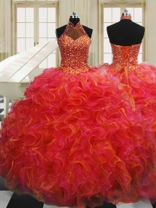Inexpensive Halter Top Organza Sleeveless Floor Length Quinceanera Dresses and Beading and Ruffles