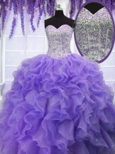 Great Sweetheart Sleeveless Ball Gown Prom Dress Floor Length Ruffles and Sequins Lavender Organza