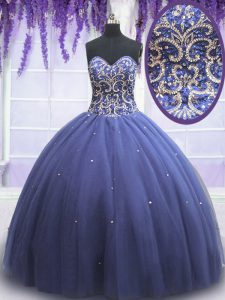Comfortable Sleeveless Tulle Floor Length Lace Up Sweet 16 Dress in Purple with Beading