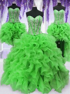 Cute Four Piece Sleeveless Beading and Ruffles Lace Up Quinceanera Gown