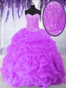 Top Selling Sleeveless Organza Floor Length Lace Up Vestidos de Quinceanera in Lilac with Beading and Ruffles