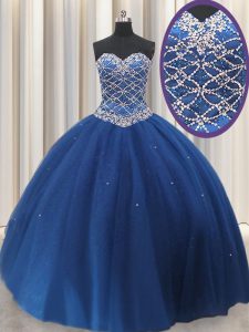 Sequins Floor Length Ball Gowns Sleeveless Royal Blue Quinceanera Gowns Lace Up