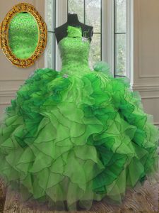 Strapless Sleeveless Sweet 16 Quinceanera Dress Floor Length Beading and Ruffles Green Organza