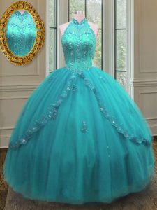 Aqua Blue Ball Gowns High-neck Sleeveless Tulle Floor Length Lace Up Beading and Appliques Sweet 16 Dresses