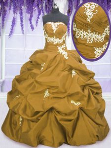 Fabulous Sleeveless Taffeta Floor Length Lace Up Sweet 16 Dress in Brown with Appliques and Pick Ups