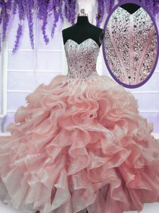 Watermelon Red Sweetheart Lace Up Beading and Ruffles Quinceanera Dresses Sleeveless