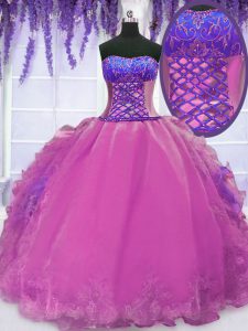 Strapless Sleeveless 15 Quinceanera Dress Floor Length Embroidery and Ruffles Lilac Organza