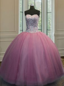 Baby Pink Ball Gowns Organza Sweetheart Sleeveless Beading Floor Length Lace Up Sweet 16 Dress