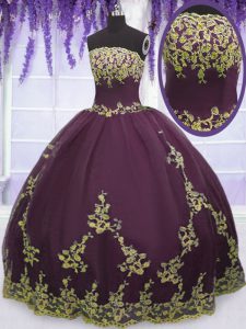Sophisticated Purple Ball Gowns Strapless Sleeveless Tulle Floor Length Zipper Appliques Quinceanera Dresses