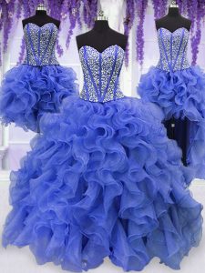 Four Piece Royal Blue 15 Quinceanera Dress Military Ball and Sweet 16 and Quinceanera and For with Ruffles and Sequins Sweetheart Sleeveless Lace Up