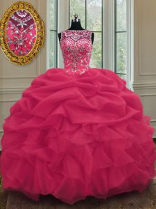 Trendy Pick Ups Ball Gowns Quinceanera Dress Coral Red Scoop Organza Sleeveless Floor Length Lace Up