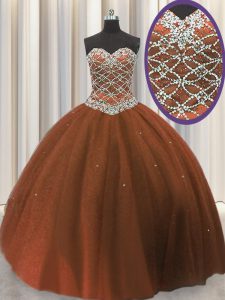 Fashion Beading and Sequins Quinceanera Gown Brown Lace Up Sleeveless Floor Length