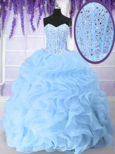 Organza Sweetheart Sleeveless Lace Up Beading and Ruffles Ball Gown Prom Dress in Light Blue