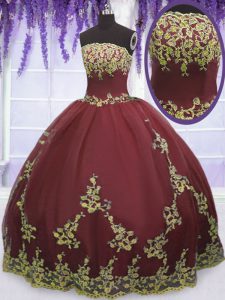 Burgundy Tulle Zipper Quinceanera Gown Sleeveless Floor Length Appliques