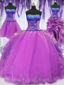 Inexpensive Four Piece Floor Length Lace Up Quince Ball Gowns Purple for Military Ball and Sweet 16 and Quinceanera with Embroidery and Ruffles