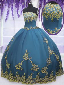 Strapless Sleeveless 15th Birthday Dress Floor Length Lace and Appliques Teal Tulle