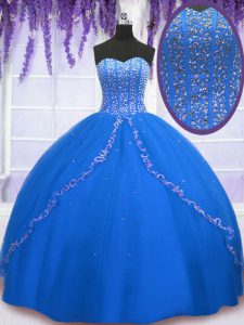Royal Blue Ball Gowns Sweetheart Sleeveless Tulle Floor Length Lace Up Beading and Sequins Quinceanera Dress