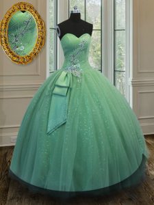 Pretty Tulle and Sequined Sleeveless Floor Length Quince Ball Gowns and Beading and Ruching and Bowknot